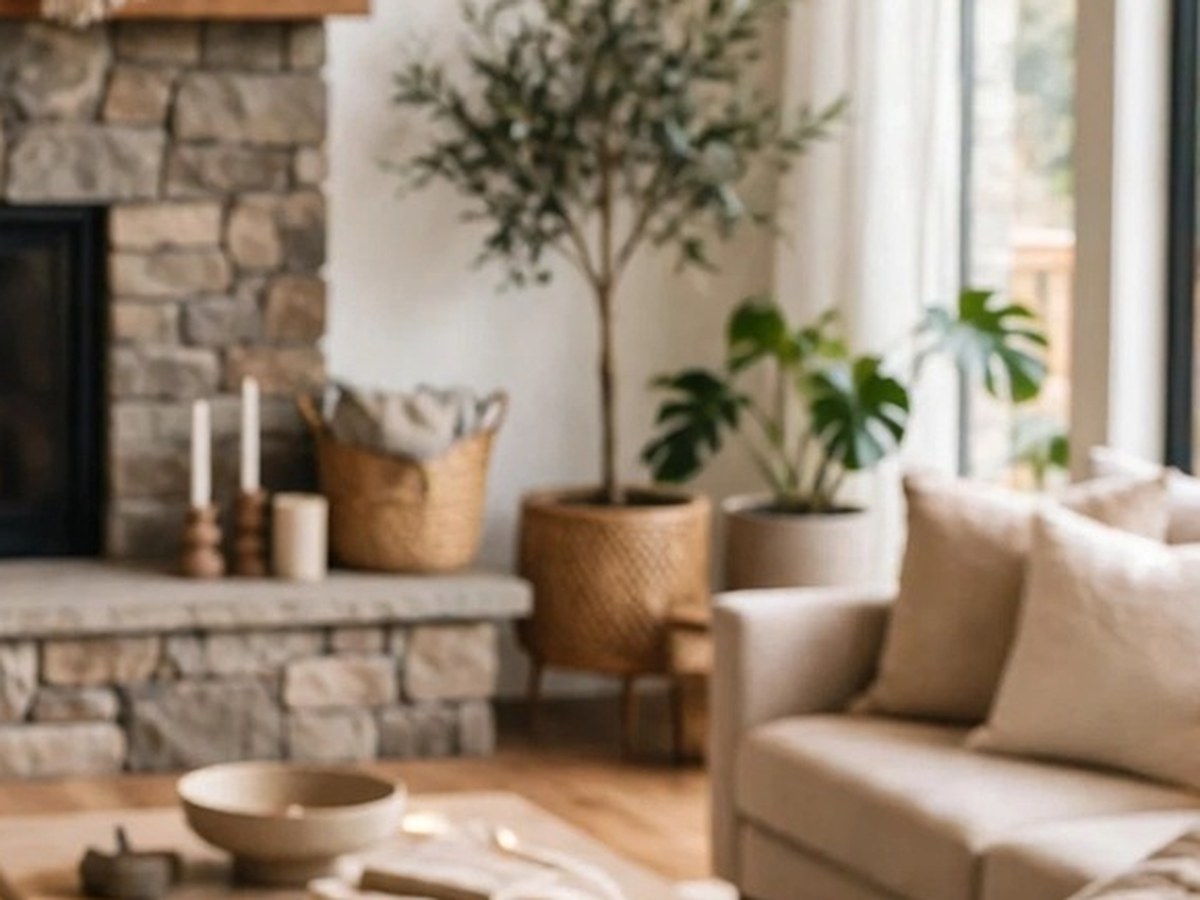 A renovated living room with a stone fireplace